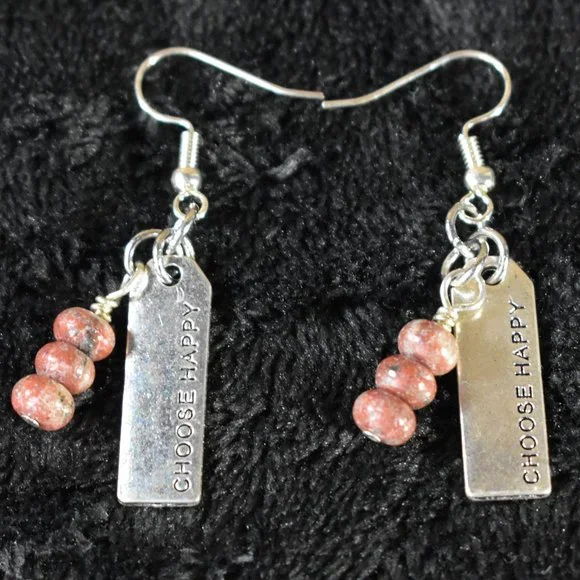 New Choose Happy and Red Jasper Bead Earrings - Picture 2 of 7